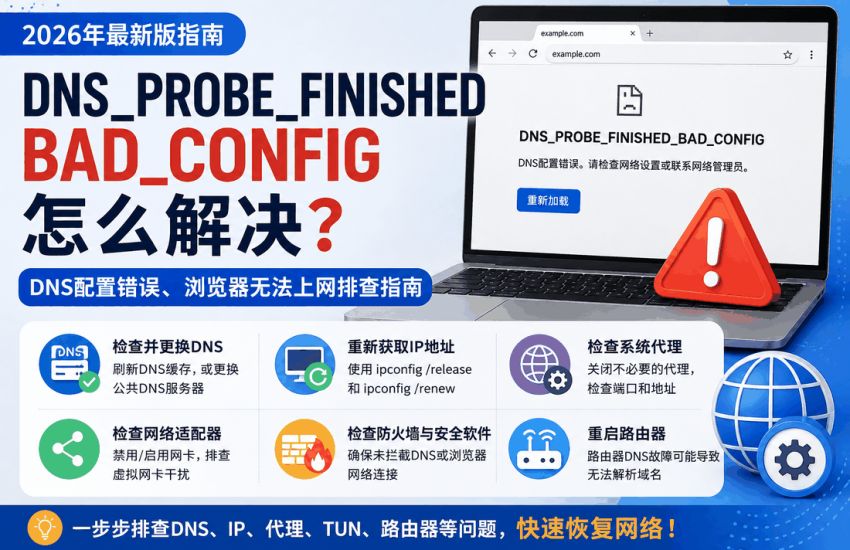 DNS_PROBE_FINISHED_BAD_CONFIG怎么解决，2026年排查DNS配置错误、IP设置、系统代理、TUN和浏览器无法上网问题