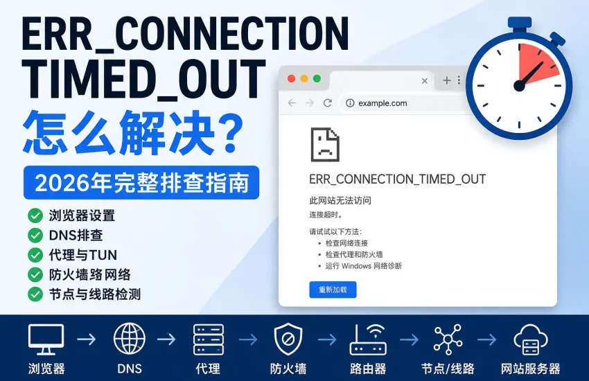 ERR_CONNECTION_TIMED_OUT怎么解决，2026年从浏览器、DNS、代理、TUN、防火墙、路由器和节点线路逐项排查连接超时问题