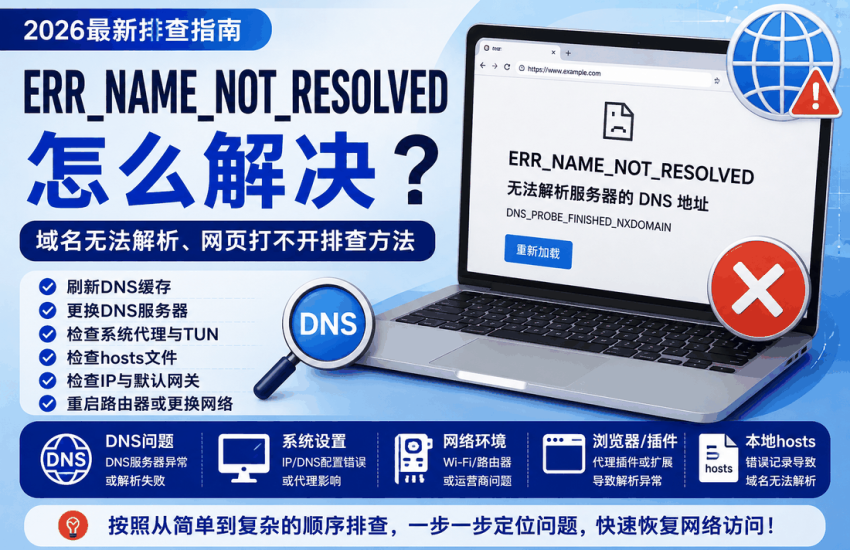 ERR_NAME_NOT_RESOLVED怎么解决，2026年排查域名无法解析、DNS错误、系统代理、TUN、hosts和网页打不开问题