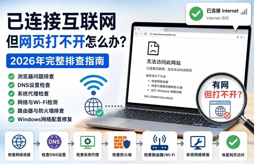 已连接互联网但网页打不开怎么办，2026年排查电脑有网但浏览器打不开网页、DNS、系统代理、防火墙和Wi-Fi网络问题