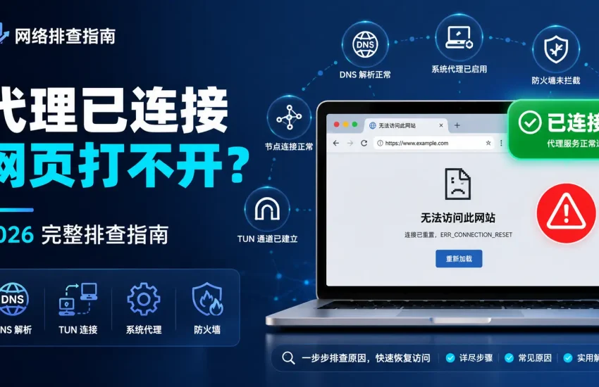 代理已连接但网页打不开怎么办，2026年DNS、TUN、系统代理和防火墙网络故障排查指南