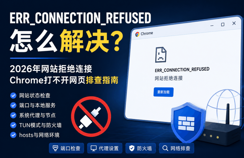 ERR_CONNECTION_REFUSED怎么解决，2026年排查网站拒绝连接、端口、本地服务、系统代理、TUN、防火墙和Chrome打不开网页问题