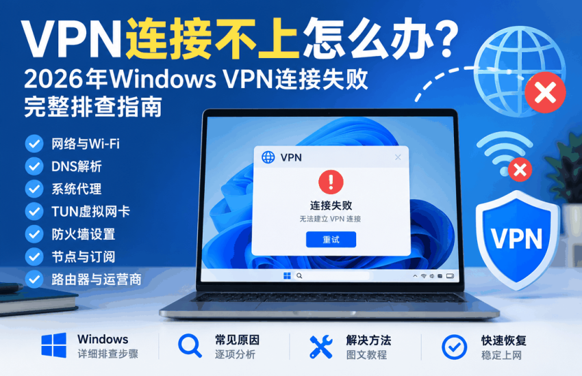 VPN连接不上怎么办，2026年排查Windows VPN连接失败、DNS、系统代理、TUN虚拟网卡、防火墙和节点线路问题