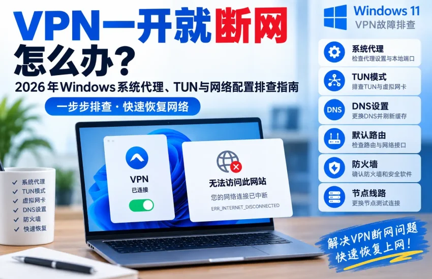 VPN一开就断网怎么办，2026年排查Windows系统代理、TUN虚拟网卡、DNS、默认路由、防火墙和节点线路问题