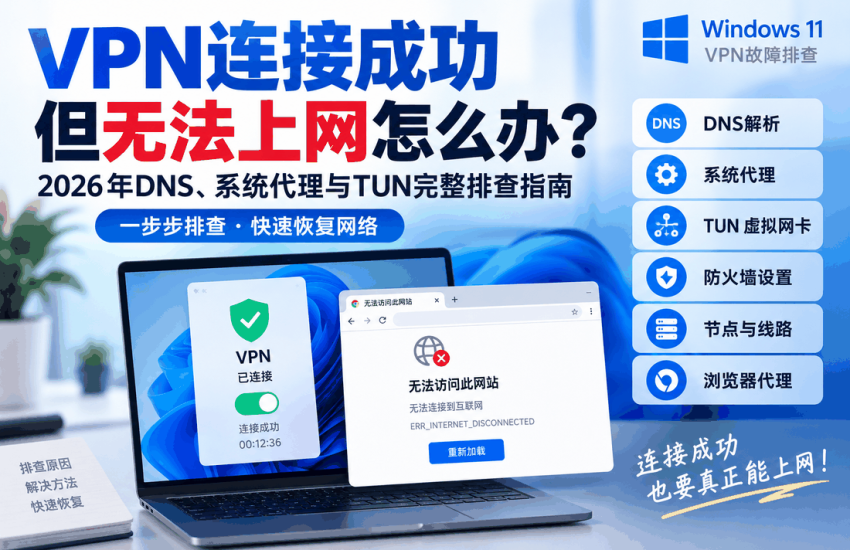 替代文本（ALT）： VPN连接成功但无法上网怎么办，2026年排查DNS、系统代理、TUN虚拟网卡、防火墙、节点线路和Chrome网页打不开问题