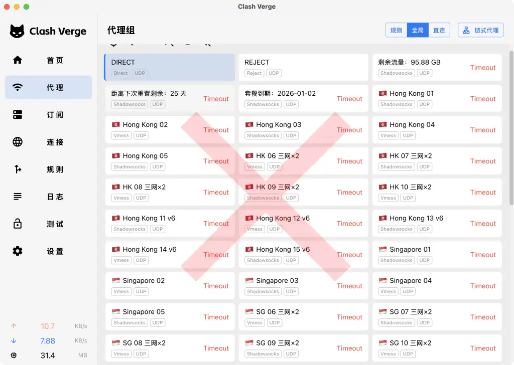 Clash Verge VPN节点全部显示Timeout,Windows VPN所有节点超时故障示意图