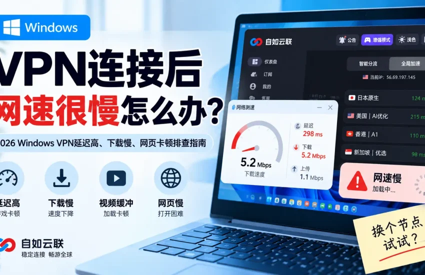 VPN连接后网速很慢怎么办？2026 Windows VPN延迟高、下载慢、网页卡顿排查指南
