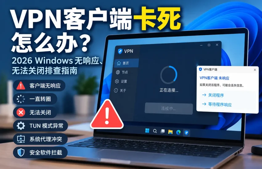 VPN客户端卡死怎么办？2026 Windows VPN无响应、一直转圈、无法关闭与TUN异常排查指南